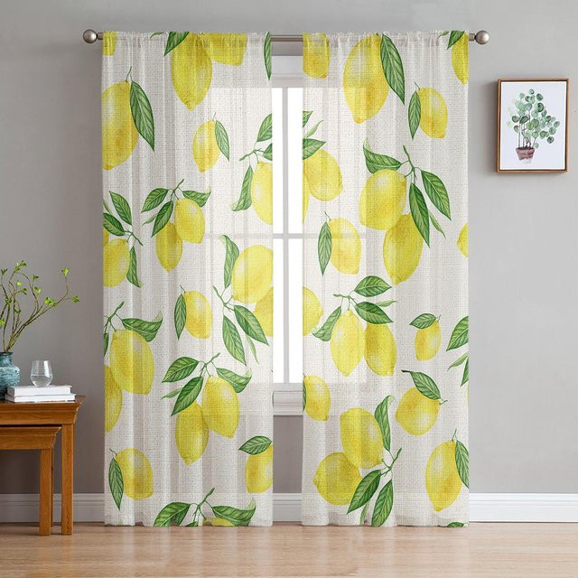 A Family Of Home Textiles Transparente Voile-Fenstergardine mit Zitronen-Motiv im Retro-Design, Weiß/Mehrfarbig, Breite: 135 cm, Höhe: 213 cm - Bild 1