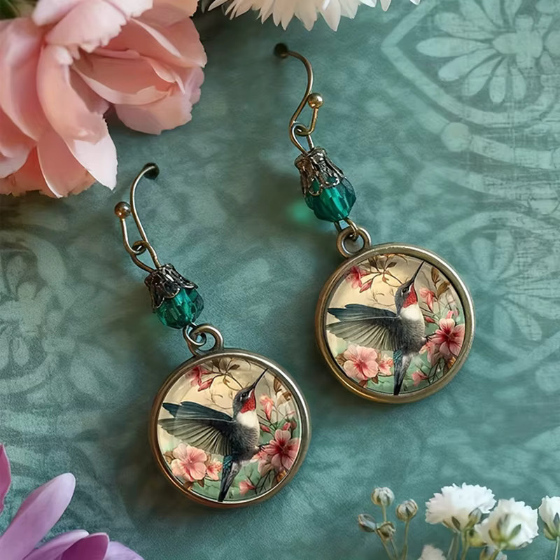 konminry Ohrringe, Vintage, Perle, Kolibri, Blume, Glas, Messing, Gold, Damen - Bild 3
