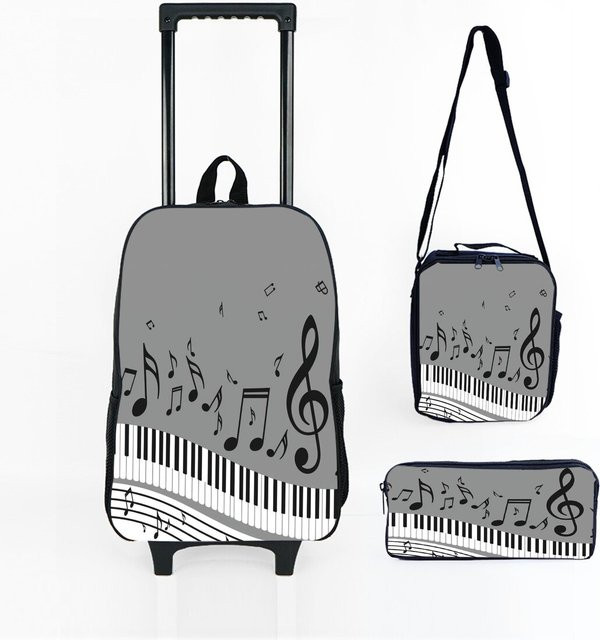 BAOERYE Kinder-Schultrolley-Set mit Rucksack, Lunchbox und Stifttasche im Piano Note Print Design, Blau - Bild 1