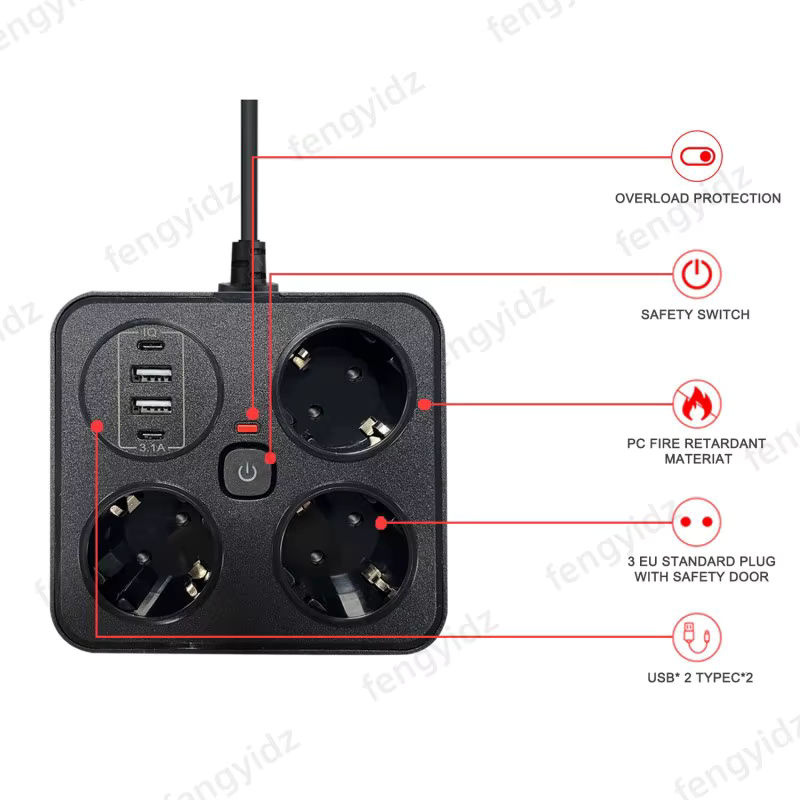 Fengyidz Multitap Steckdosenleiste mit 2 Typ C AC-Steckdosen, USB-C Anschluss und Überspannungsschutz sowie Netzwerkfilter in Schwarz - Bild 4