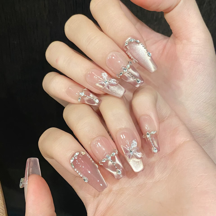 YADORNOS Kunstnägel, rosa Schmetterlings-Design, glitzernd, 10 Stück - Bild 2