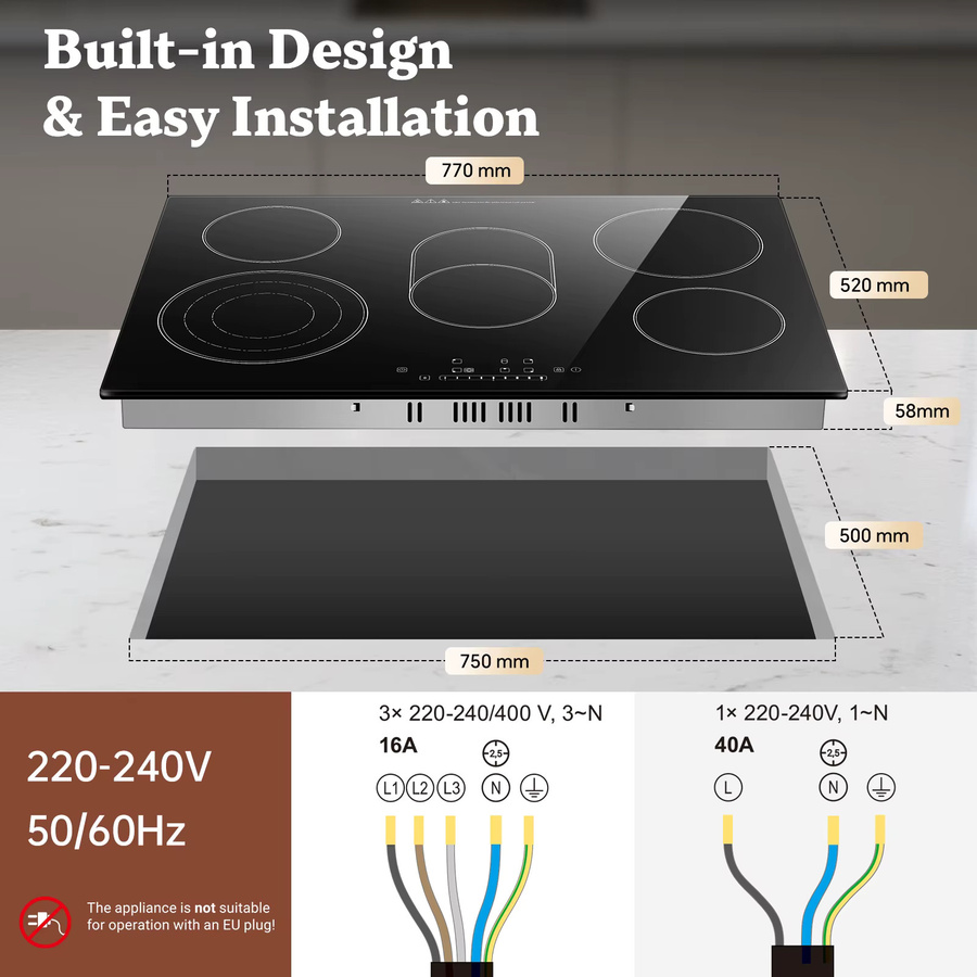 KICHPOWER 5-Zonen-Elektro-Keramikkochfeld in Schwarz mit Touch-Steuerung und Kindersicherung, Breite: 77 cm - Bild 5