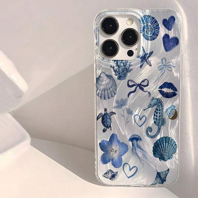 Yiran Handyhülle mit Herz, Seestern, Koralle und Qualle Muster für iPhone 11 bis iPhone 16 Pro Max in Rosa und Blau - Bild 1