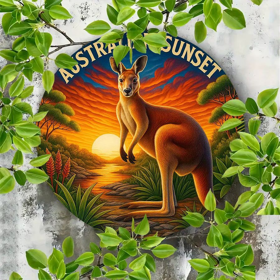 Potdemiel Metallwandkunst Vintage Australischer Sonnenuntergang mit Känguru und Eukalyptus, rundes Aluminiumschild, Durchmesser: 20 cm - Bild 4
