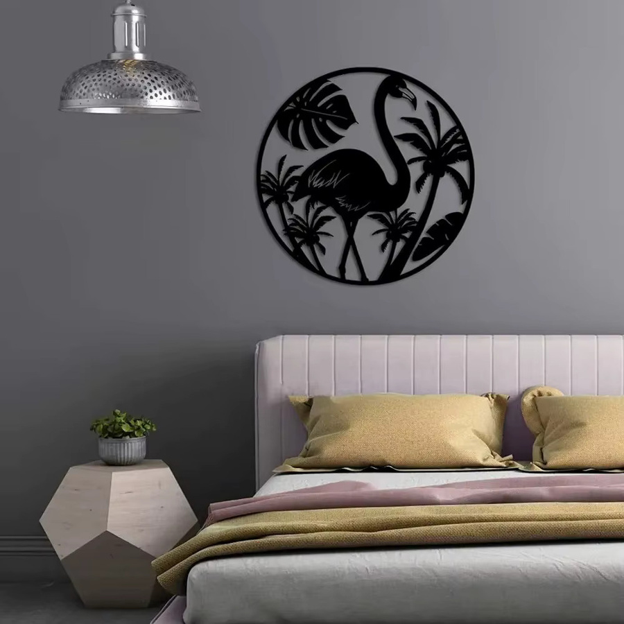 CIFBUY Vintage Wandkunst aus Metall mit Flamingo- und Palmen-Motiv, rundes Metallschild in Schwarz für tropische Dekoration - Bild 5