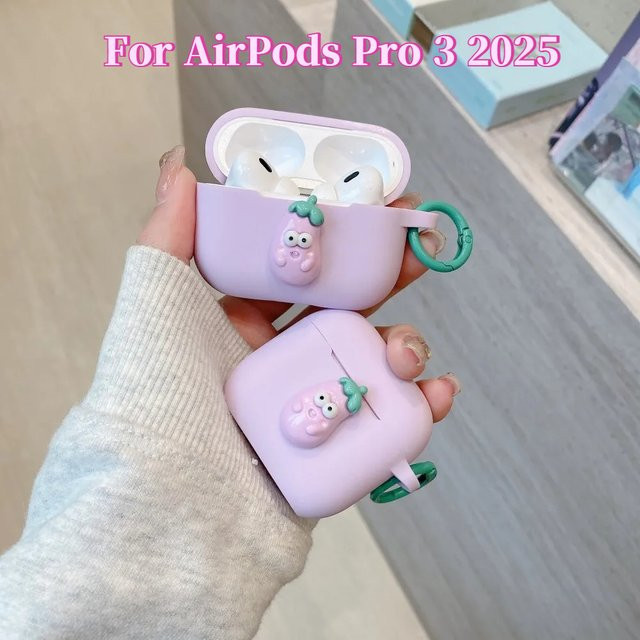Schutzhülle im Cartoon-Design für AirPods Pro und AirPods 4 mit Haken in Lavendel/Purple - Bild 1