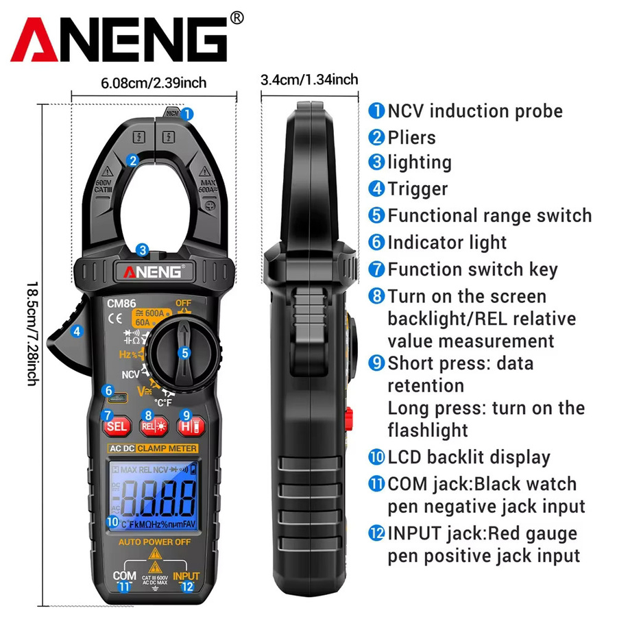ANENG CM86 Digitales Multimeter Stromzangenmessgerät mit 600A AC/DC Strommessung, Spannungserkennung und NCV in Schwarz - Bild 4
