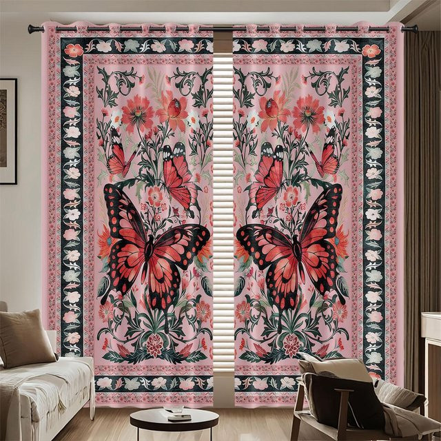 Set aus 2 lichtblockierenden Vorhängen mit Schmetterlingsdruck in Multicolor, dekorative Retro-Muster zur Isolierung, B: 100 cm, H: 70 cm - Bild 1