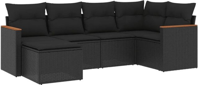 vidaXL 6-teilige Garten-Sofagarnitur in L-Form aus schwarzem Poly-Rattan mit Kissen und pulverbeschichtetem Stahlgestell - Bild 1