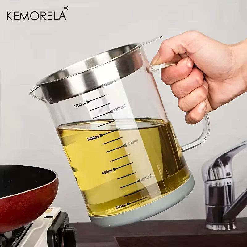 KEMORELA Glas-Ölfiltertopf mit Deckel und Griff, transparenter Fettabscheider zur Lagerung von Speiseöl, 1000 ml oder 1500 ml - Bild 2