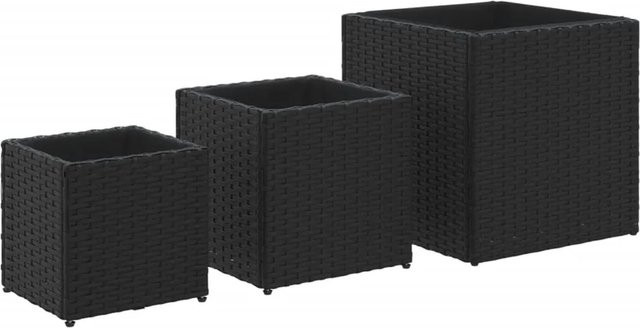 Set aus 3 quadratischen Pflanzkübeln von vidaXL aus schwarzem PE-Rattan und pulverbeschichtetem Stahl - Bild 1