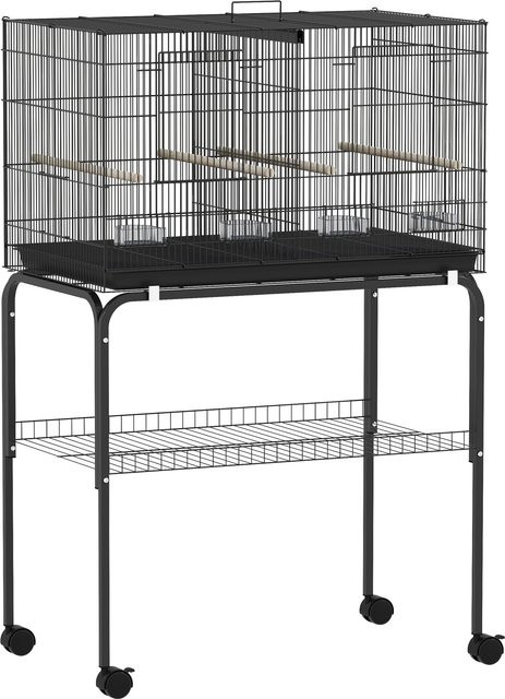 PawHut Vogelkäfig Innenvoliere aus Stahl in Schwarz mit Trennwand, Ständer mit Ablage und Rollen, H x B x T: 116 x 76 x 46 cm - Bild 1