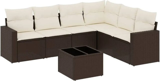 vidaXL 7-teilige Garten-Sofagarnitur in L-Form aus braunem Poly-Rattan mit Kissen und pulverbeschichtetem Stahlgestell - Bild 1