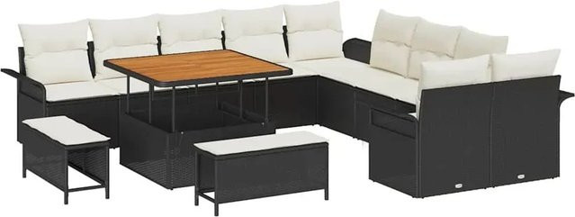 vidaXL Garten-Sofa-Set 13-teilig aus Poly-Rattan in Schwarz-Creme mit Armsesseln, Hockern und Tisch - Bild 1