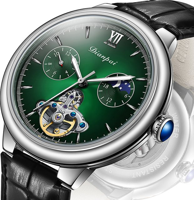 Dianpai Armbanduhr Automatik, Edelstahl, Leder, Grün, Herren - Bild 1