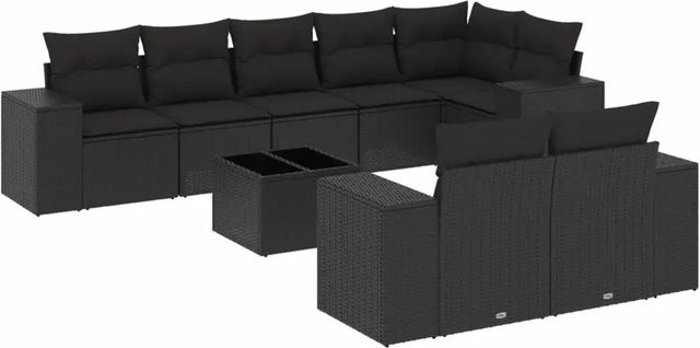 vidaXL 9-tlg Garten-Sofagarnitur in L-Form aus schwarzem Poly-Rattan mit wetterfesten Kissen und pulverbeschichtetem Stahlgestell - Bild 1