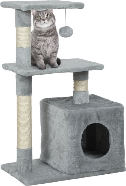 PawHut Kratzbaum in Dunkelgrau mit Sisalpalen, 2 Ebenen und integriertem Spielzeug aus Plüschstoff - Bild 1