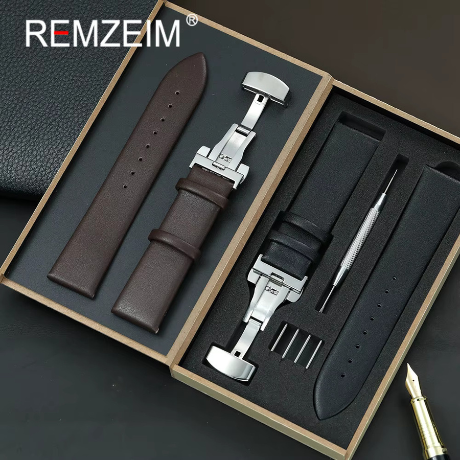REMZEIM Uhrenarmband Leder, Schmetterlingsschnalle, Unisex - Bild 1