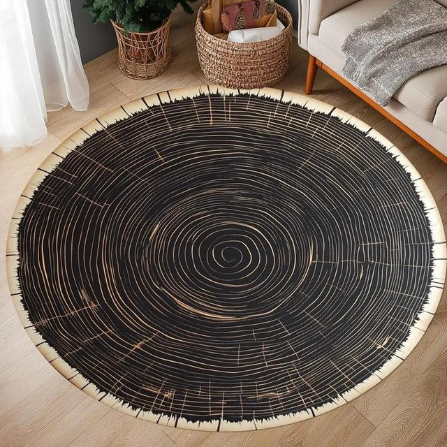 Runder Teppich Karpetti in Holzoptik mit Baumringmuster, Durchmesser: 40 cm, Farbe: Schwarz - Bild 1