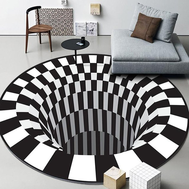 Runder 3D Vortex Optische Illusion Teppich von Karpetti, Waschbar und Rutschfest, Farbe: Schwarz, Durchmesser: 80 cm - Bild 1