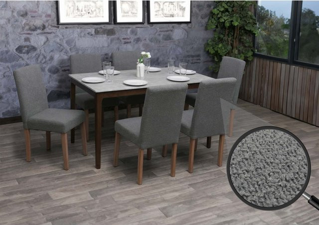 6er-Set Esszimmerstühle Littau von MCW aus grauem Bouclé-Stoff mit naturfarbenen Holzbeinen - Bild 1