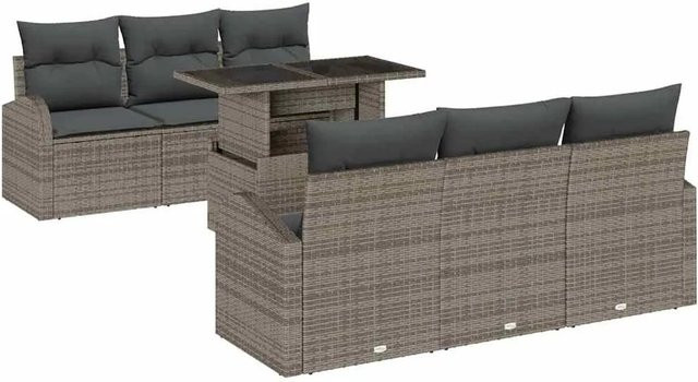 7-teiliges vidaXL Garten-Sofa-Set aus Poly-Rattan in Grau mit Kissen und Tisch - Bild 1