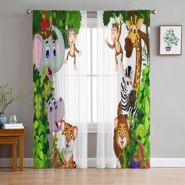A Family Of Home Textiles Tüll Vorhang mit Dschungeltier-Motiv Tiger Elefant Zebra in Schwarz und Multicolour, Breite: 135 cm, Höhe: 114 cm - Bild 1