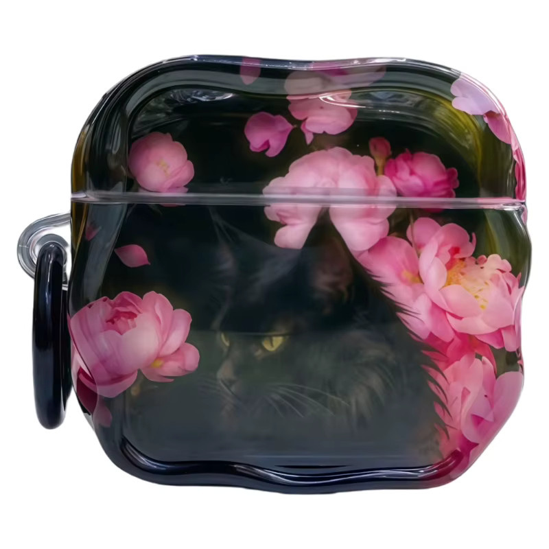 Spring Personality Kopfhörer-Schutzhülle für Apple AirPods 2 3 4 Pro Pro2 Pro3 mit schwarzer Maine Coon Katze und pinken Blumen in glänzender Oberfläche - Bild 6