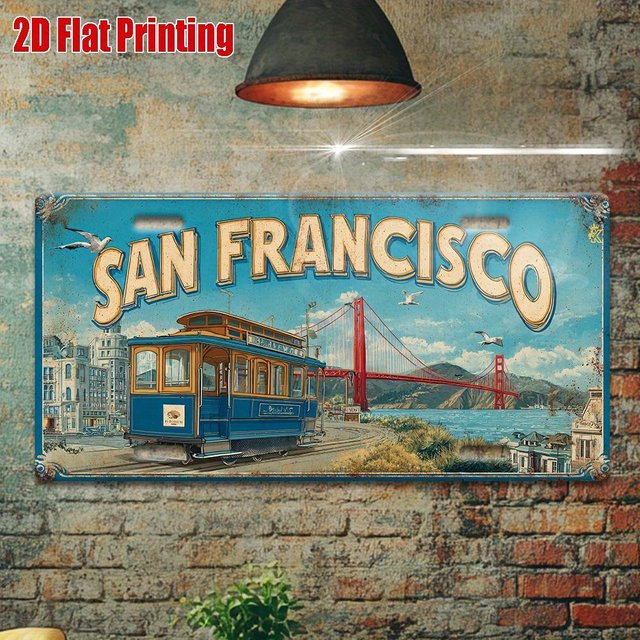 Vintage San Francisco Golden Gate Bridge Seilbahn Metallschild aus Aluminium in Mehrfarben, Breite: 30 cm, Höhe: 15 cm - Bild 1