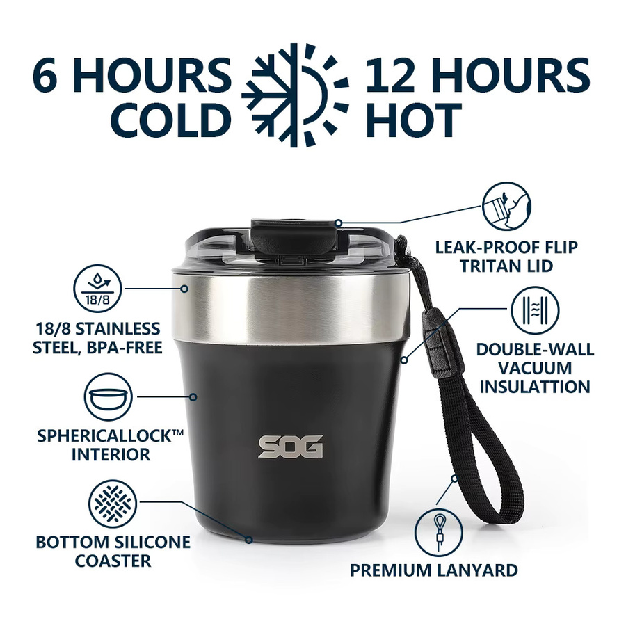 SOG Vakuum-Reisewasserflasche und Kaffeetasse aus Edelstahl mit Lanyard, schwarz, 240 ml - Bild 2