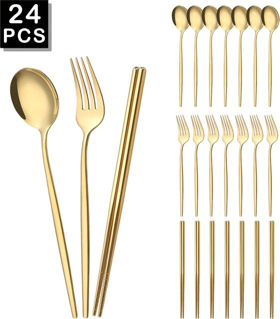 Uniturcky Koreanisches Besteckset aus Edelstahl in Gold und Silber, 24-teiliges Luxus-Geschirrset mit Löffeln, Gabeln und Stäbchen - Bild 1