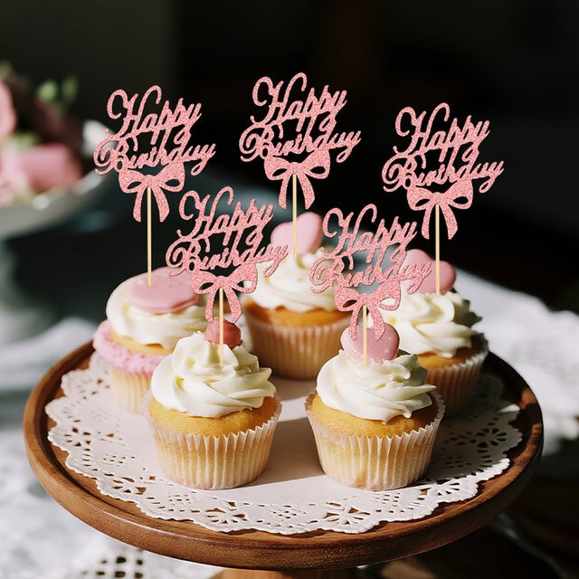YOMDID 24 Stück Cupcake-Topper mit Schleife und Happy Birthday Schriftzug in Pink für Geburtstag und Hochzeit - Bild 1