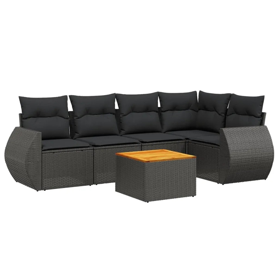 vidaXL 6-teilige Garten-Sofagarnitur aus Poly-Rattan und Akazienholz in Schwarz mit Kissen - Bild 2