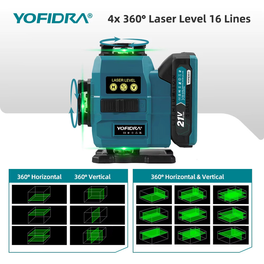 YOFIDRA 4D 16-Linien-Laser-Nivelliergerät mit 360 Grad horizontaler und vertikaler Nivellierung in Blau inklusive 1 m Stativ und Kompatibilität für Makita 21 V Akku-Pins - Bild 4