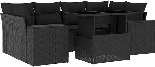 vidaXL 7-teilige Garten-Sofagarnitur in L-Form aus schwarzem Poly-Rattan mit Kissen und pulverbeschichtetem Stahlgestell - Bild 1