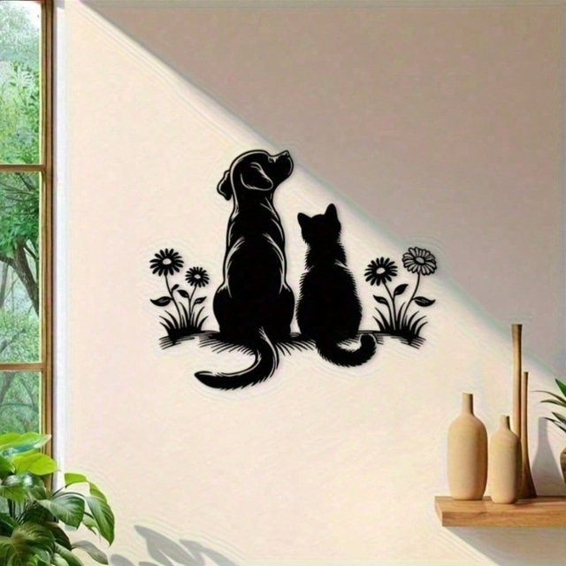 Minimalistische Wandkunst aus schwarzem Eisen von CIFBUY als Silhouette von Hund, Katze oder Löwenzahn zur Wandmontage für Innen und Außen - Bild 1