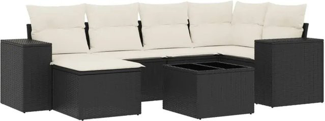 vidaXL 7-teilige Garten-Sofagarnitur in L-Form aus Poly-Rattan in Schwarz mit Kissen und Armlehnen - Bild 1