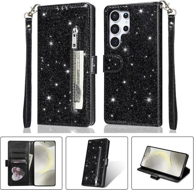 Glitzer Leder Flip Wallet Hülle mit Reißverschluss für Samsung Galaxy S23 FE S24 S25 Ultra und weitere Modelle, Schwarz - Bild 1
