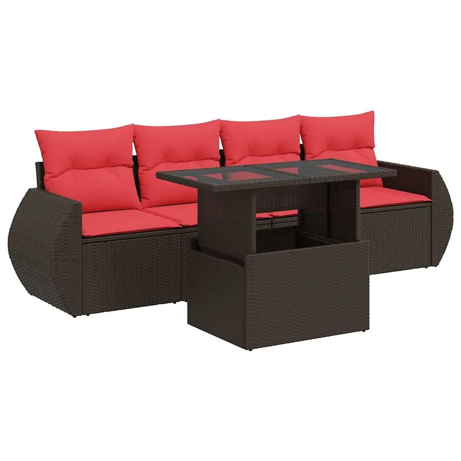 vidaXL 5-tlg Garten-Sofagarnitur aus Polyrattan und Akazie in Braun mit Kissen und Couchtisch - Bild 2