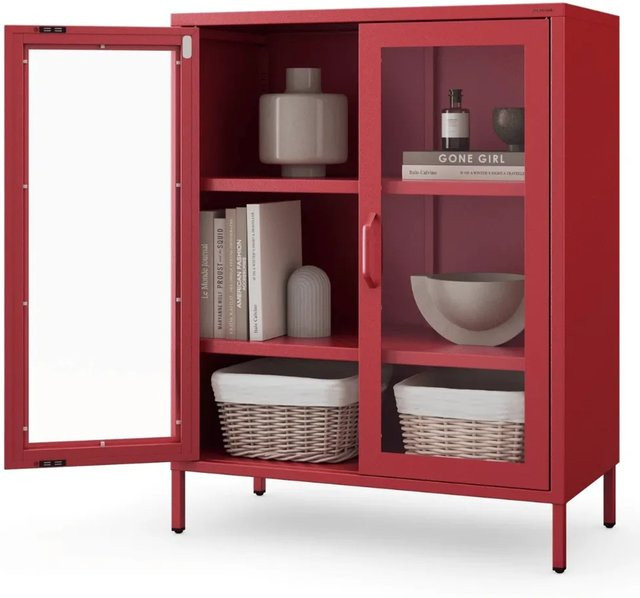 DELUKE Vitrinenschrank modern mit Glastüren und Regalböden, Rot, H: 101,5 cm, B: 80 cm, T: 40 cm - Bild 1