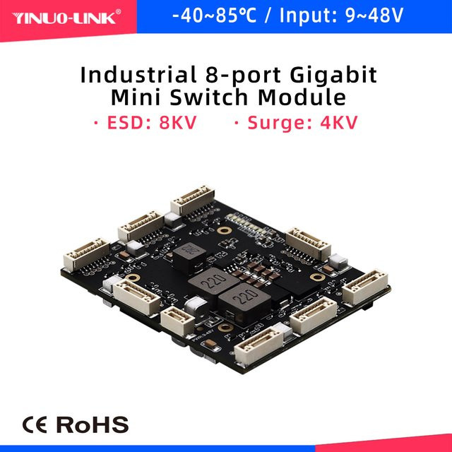 YINUO-LINK YN-IES10801-A Mini Industrielles 8-Port Gigabit Ethernet Switch Modul in Schwarz, B/T/H: 55 x 68 x 14 mm - Bild 1