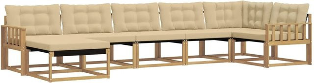 vidaXL Outdoor-Sofagarnitur 7-teilig in L-Form aus Akazienholz mit Kissen in Weiß und Beige - Bild 1