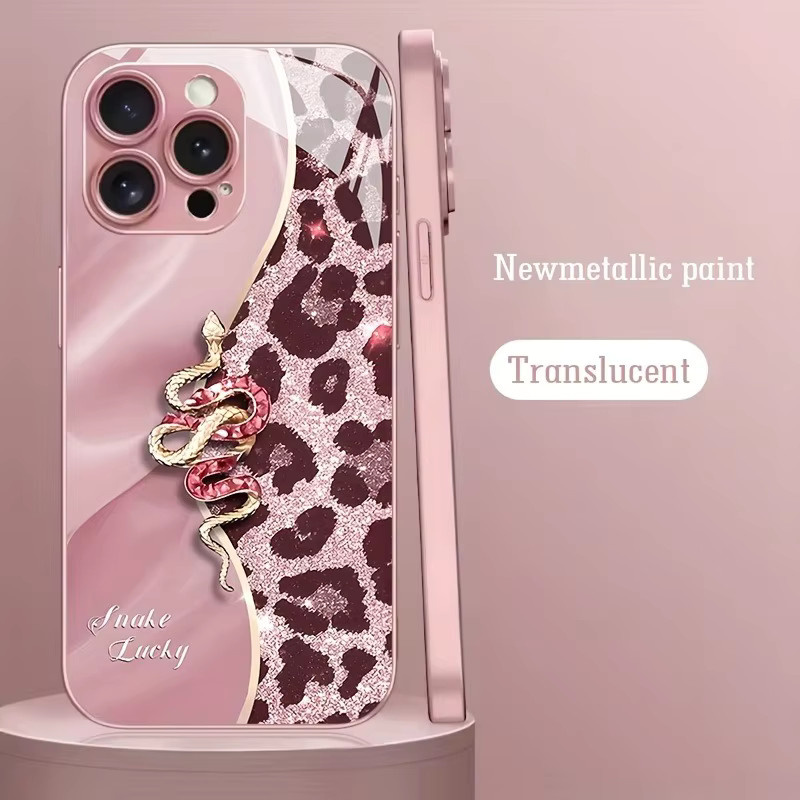 Glas Handyhülle mit Leopardenmuster und Golden Snake Metallic Paint für Apple iPhone 11 bis 17 Pro Max Plus in Gold und Pink - Bild 3