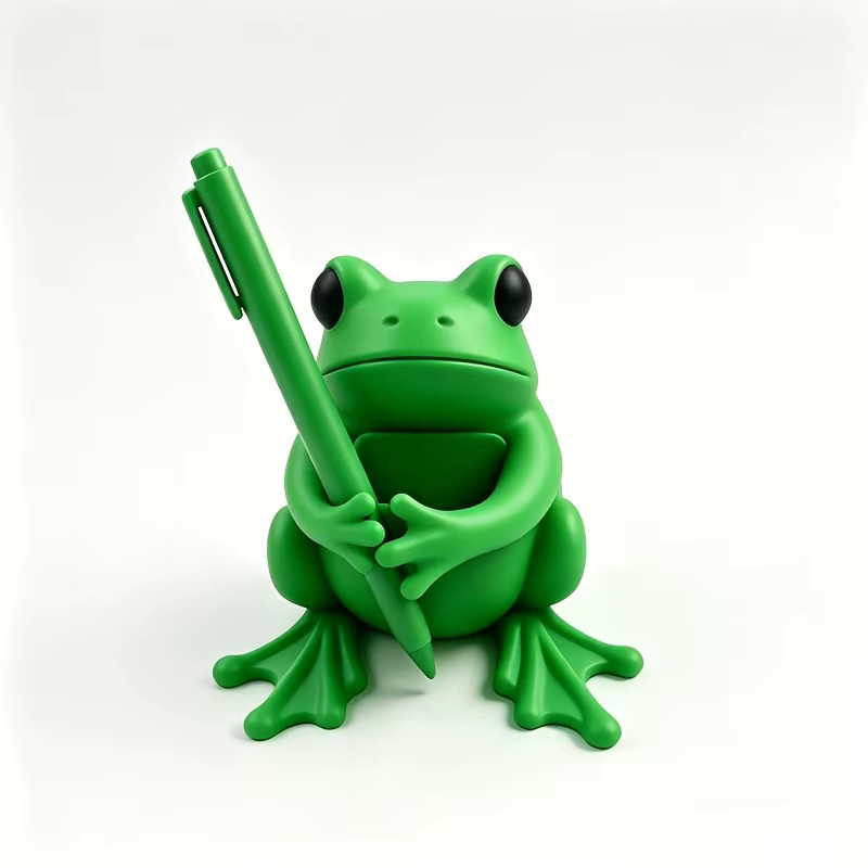 Niedliches Frosch-Stifthalter-Set aus Kunstharz in Grün und Grau als lustiger Schreibtisch-Organizer - Bild 2