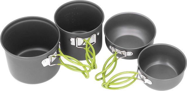 Fishine 4-teiliges Camping-Kochgeschirr-Set aus Aluminium und Edelstahl in Grau mit Verbrühschutzdesign und Deckeln - Bild 1