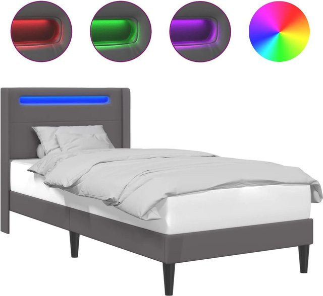 vidaXL Bettrahmen aus Kunstleder in Grau mit LED-Lichtleisten und USB-Ladeport, B/T/H: 90 x 200 x 94 cm - Bild 1