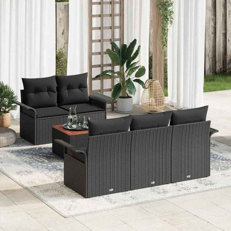 Vidaxl Garten-Sofa-Set aus Polyrattan und Akazie mit 6 Kissen in Schwarz, B/T/H: 55 x 55 x 37 cm - Bild 1