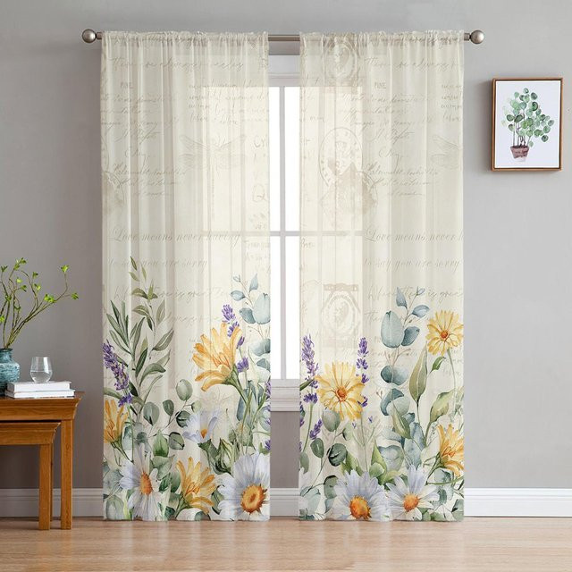 Transparente Voile-Fenstervorhänge mit Blumenmuster von A Family Of Home Textiles in Weiß und Multicolour, B: 135 cm, H: 114 cm - Bild 1