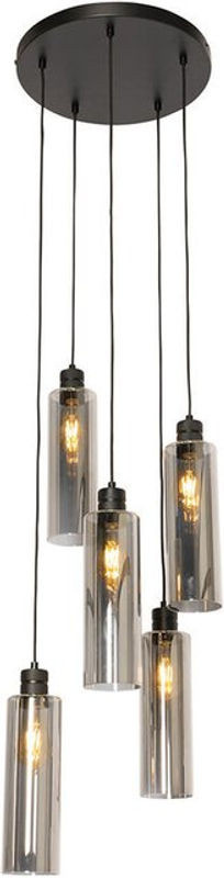 Moderne Pendelleuchte QAZQA in Schwarz und Grau mit 5 Rauchglas-Elementen aus Glas und Stahl für E27 Fassungen - Bild 1
