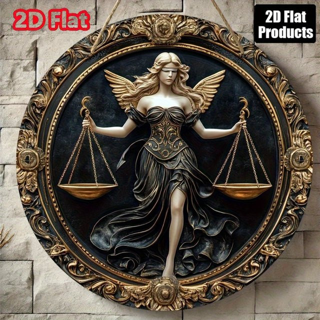 HELLOYOUNG Vintage Wandkunst Waage Sternzeichen mit Lady Justice Scales in Gold, Rund, Durchmesser: 20 cm - Bild 1